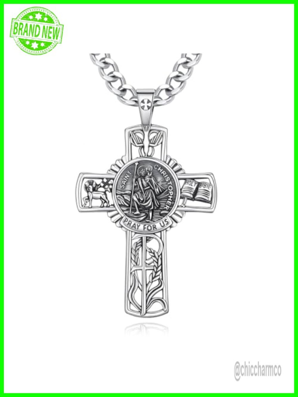 Sterling Silver St. Christopher Pendant Necklace 24" Cuban Chain Religious